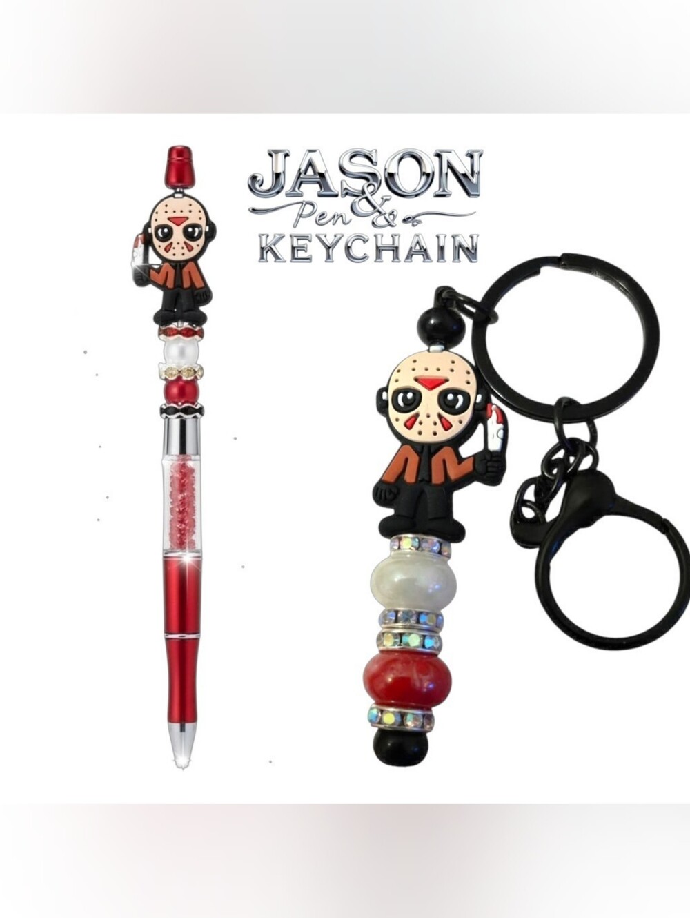 Jason Themed Novelty Red Rhinestone Beaded Pen & Keychain Collectible Set